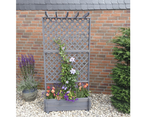 Holz-Rankgitter mit Blumenkasten und Pflanzen zur Gartendekoration