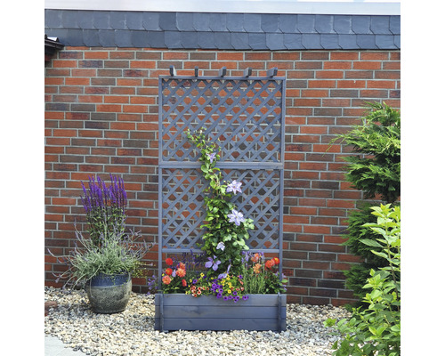 Holz Spalier mit Blumenkasten vor einer Ziegelwand