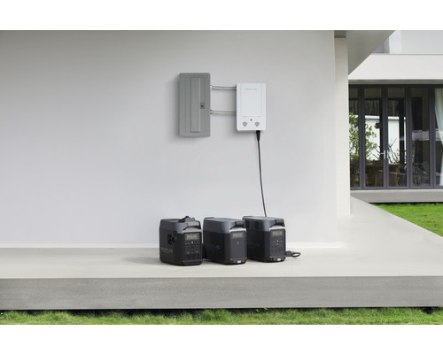 Drei EcoFlow Powerstationen mit Schaltkasten und Schnittstelle an einer Hauswand