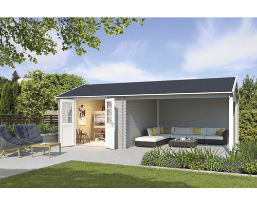 Gartenhaus Outdoor Life El Paso inkl. Seitliche Überdachung 680 x 380 cm lichtgrau Gartenhaus mit Atelierbereich und überdachter Terrasse, inklusive Gartenmöbel und Dekoration.