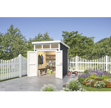 Garten Szene mit Gerätehaus, Gartenzaun, Pflanzen und Spielzeug