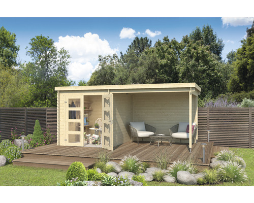 Gartenhaus Outdoor Life Long Beach inkl. Seitliche Überdachung 472,2 x 230 cm Gartenhaus mit überdachter Terrasse auf einer Holzterrasse in einem Garten