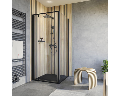 Drehtür mit Seitenwand Schulte Trend 2.0 900x900x2000 mm Echtglas Klar hell schwarz Badezimmer mit Dusche, Handtuchwärmer und Hocker