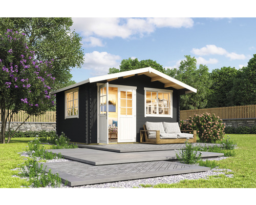 Gartenhaus Outdoor Life Norderney inkl. Fenster Fußboden 390 x 300 cm carbongrau Garten mit Holzgartenhaus in Blockbohlenbauweise, Terrasse und Sitzgelegenheit