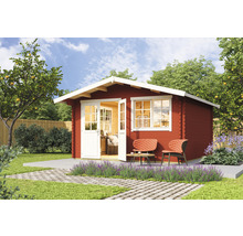 Holzgartenhaus mit geöffneter Doppeltür, Fenstern und Sitzgruppe im Garten