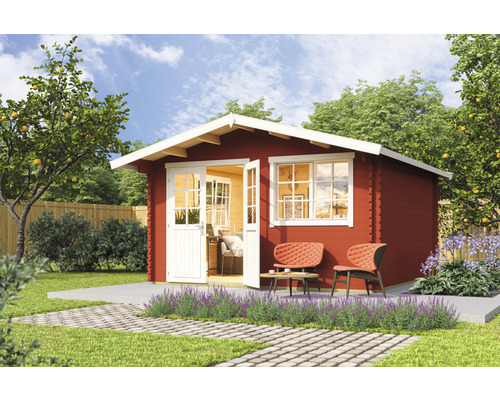 Gartenhaus Outdoor Life Norderney inkl. Fenster 390 x 390 cm schwedischrot Holzgartenhaus mit geöffneter Doppeltür, Fenstern und Sitzgruppe im Garten