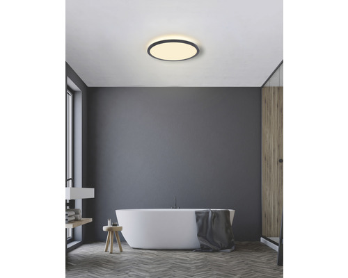 LED Deckenleuchte Globo SAPANA 24 W, Ø 420 x H 25 mm, 1-flammig IP 44, schwarz Modernes Badezimmer mit freistehender Badewanne und runder Deckenleuchte