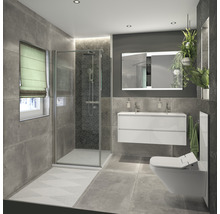 Modernes Badezimmer mit Dusche, Waschtisch, Spiegel und Toilette