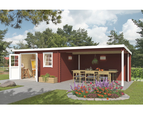 Gartenhaus Outdoor Life Reno inkl. Fenster Schleppdach 760 x 275 cm schwedischrot Gartenhaus mit Veranda, Gartentisch, Stühlen und Blumenbeet