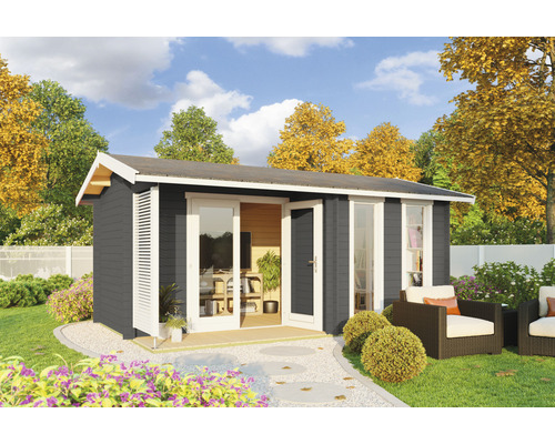 Gartenhaus Outdoor Life Riverside inkl. Fenster Fußboden 480 x 300 cm carbongrau Graues Gartenhaus aus Holz mit Terrasse im Garten