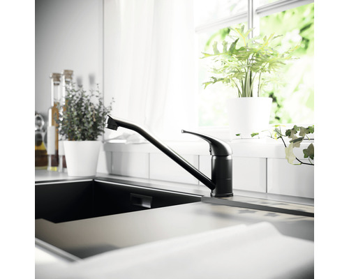 Schwarze Küchenarmatur neben Spülbecken und Fensterbank mit Topfpflanzen.