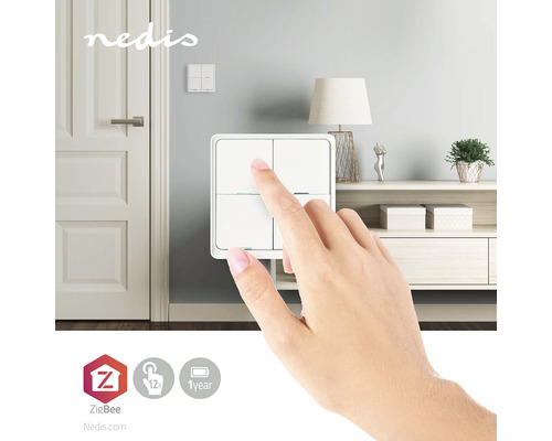 Szene mit einem weißen Lichtschalter und einer Hand, die ihn betätigt. Nedis Logo.