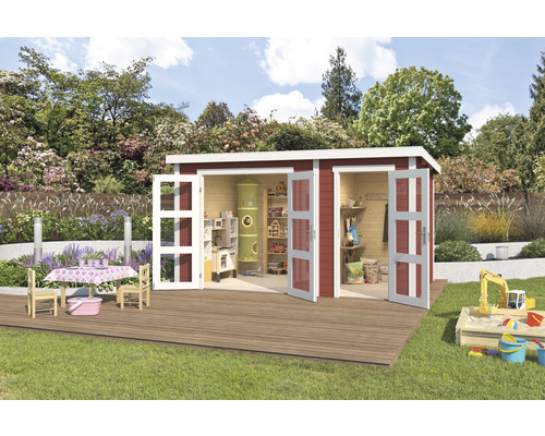 Gartenhaus Outdoor Life Zambezi inkl. Geräteraum 380 x 240 cm schwedischrot Holzgartenhaus mit Spielzeug auf einer Rasenfläche