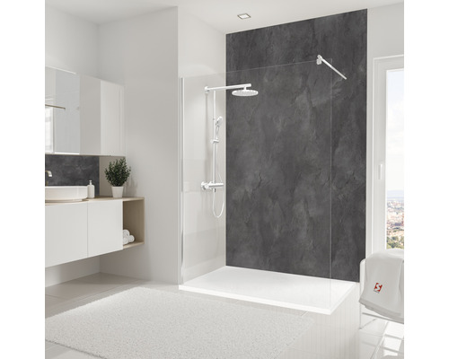 Duschrückwand Schulte Decodesign 2550x1500x3 mm Steinoptik Schiefer Modernes Badezimmer mit Dusche, Waschtisch und Spiegel