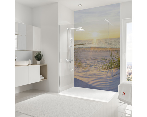 Duschrückwand Schulte Decodesign 2550x1500x3 mm Dünenidylle Strand Modernes Badezimmer mit Duschkabine, Waschbecken und Strandmotiv