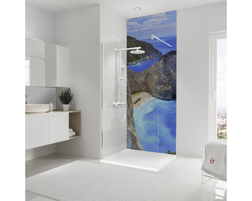 Duschrückwand Schulte Decodesign 1000x2550x3 mm Dekor Lagune blau Helles Badezimmer mit Duschkabine und Fotomotiv einer Küstenlandschaft