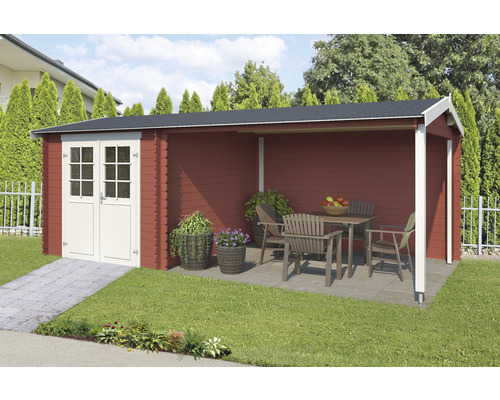Gartenhaus Outdoor Life Ivana inkl. Schleppdach 570 x 275 cm schwedischrot Gartenhaus mit überdachter Terrasse und Gartenmöbeln auf Rasen