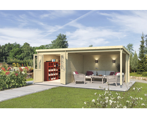 Gartenhaus Outdoor Life Saint Paul inkl. Seitliche Überdachung 570 x 275 cm Gartenhaus mit offenem Bereich und Lagerraum im Garten