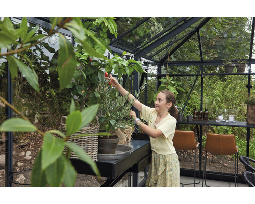 Gewächshaus mit Inneneinrichtung und einem Mädchen, das eine Pflanze pflegt