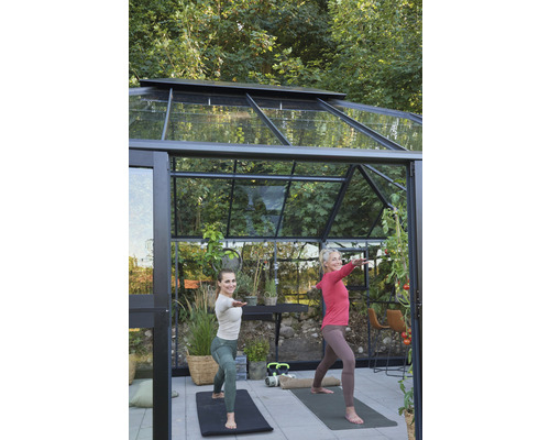 Zwei Frauen machen Yoga in einem Gewächshaus mit Glaswänden und schwarzem Rahmen.