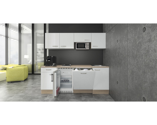 Küchenblock Flex Well Valero 11955 weiß glänzend/Sonoma Eiche 210 cm inkl. Einbaugeräte