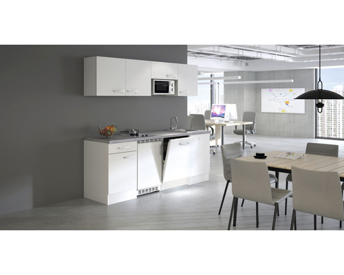 Moderne Büroküche mit Spüle, Geschirrspüler, Mikrowelle und Stauraum