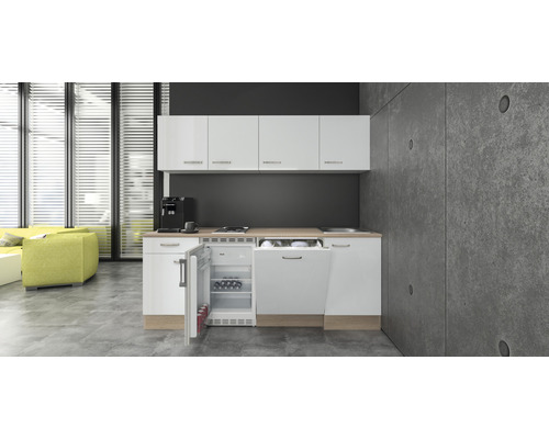 Küchenblock Flex Well Valero 11966 weiß glänzend/Sonoma Eiche 210 cm inkl. Einbaugeräte
