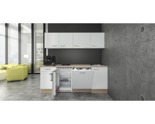 Küchenblock Flex Well Valero 11971 weiß glänzend/Sonoma Eiche 210 cm inkl. Einbaugeräte