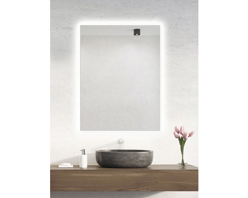 Badezimmer mit beleuchtetem Spiegel, Waschbecken und Blumenstrauß