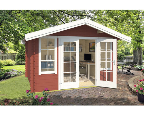 Gartenhaus Outdoor Life Robin inkl. Fenster Fußboden 330 x 280 cm schwedischrot Holzgartenhaus mit Fenstern und geöffneten Doppeltüren im Garten