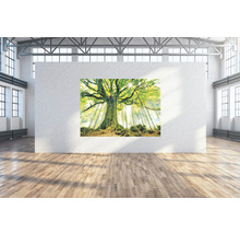 Wandbild mit einem Baum im Wald in einem hellen Raum.