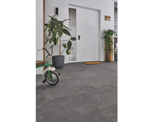 Heller Eingangsbereich mit grauen Fliesen und Zimmerpflanzen