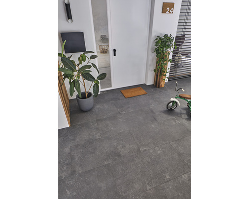 Flur mit grauen Bodenfliesen, Tür, Pflanze und Dekoration