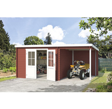 Gartenhaus mit geöffneten Türen und einem Quad unter dem Vordach