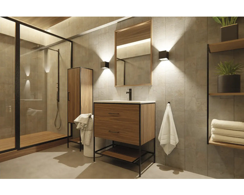 Modernes Badezimmer mit Dusche, Waschtisch und Regal