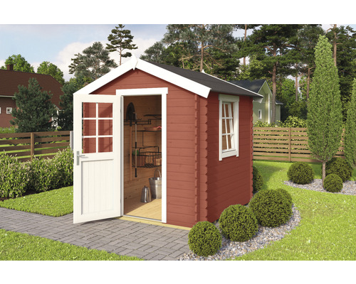 Gartenhaus Outdoor Life Wels inkl. Fenster Fußboden 200 x 200 cm schwedischrot Gartenschuppen mit geöffneter Tür und Fenster