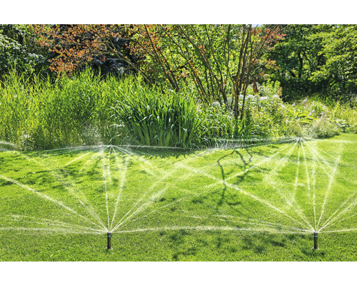 Rasensprenger bewässern einen grünen Rasen in einem Garten.