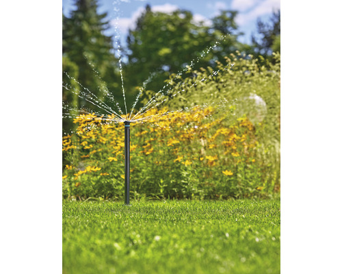 Gartenszene mit Rasensprenger, der Wasser versprüht