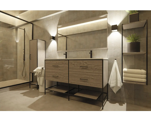 Badezimmer mit Waschtisch, Spiegel, Dusche und Regal