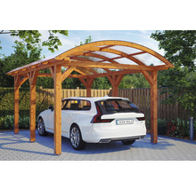 Carport aus Holz mit transparentem Dach und geparktem Auto