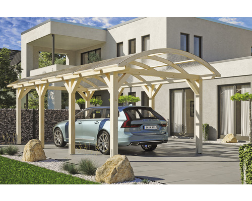 Holzcarport mit abgerundetem Dach und Auto