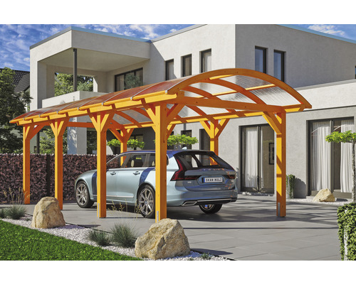 Einzelcarport SKAN HOLZ Franken inkl. Pfostenanker 376 x 755 cm eiche hell Holzcarport mit Polycarbonatdach und Auto vor einem Wohnhaus
