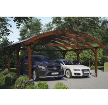 Doppelcarport aus Holz mit zwei parkenden Autos
