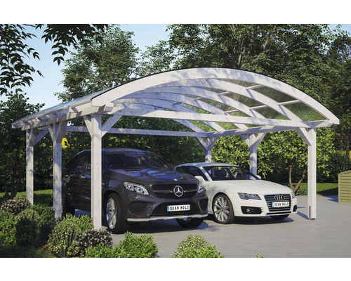 Doppelcarport aus Holz mit zwei geparkten Autos