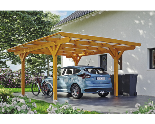 Einzelcarport SKAN HOLZ Odenwald inkl. Pfostenanker 428 x 541 cm eiche hell Carport aus Holz mit Auto, Fahrrad und Mülltonnen