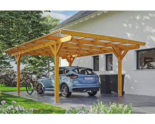 Carport aus Holz mit Auto und Fahrrad