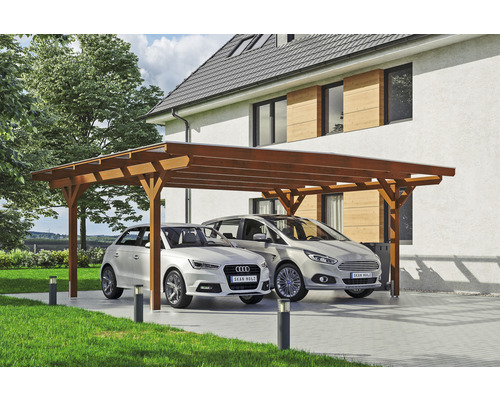 Carport aus Holz mit zwei parkenden Autos vor einem Haus