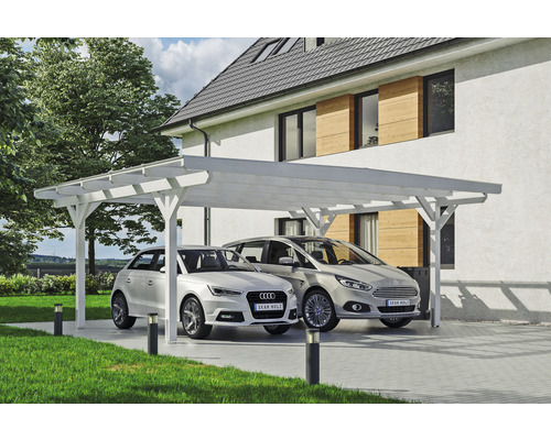 Doppelcarport aus Holz mit zwei geparkten Autos