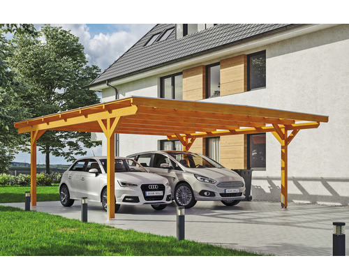 Doppelcarport SKAN HOLZ Odenwald inkl. Pfostenanker 640 x 648 cm eiche hell Doppelcarport aus Holz mit zwei geparkten Autos vor einem Wohnhaus