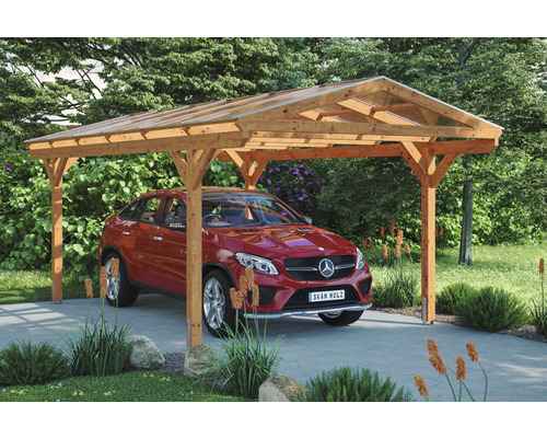Einzelcarport SKAN HOLZ Westerwald inkl. Pfostenanker 362 x 648 cm eiche hell Freistehender Holzcarport mit einem darunter geparkten Auto